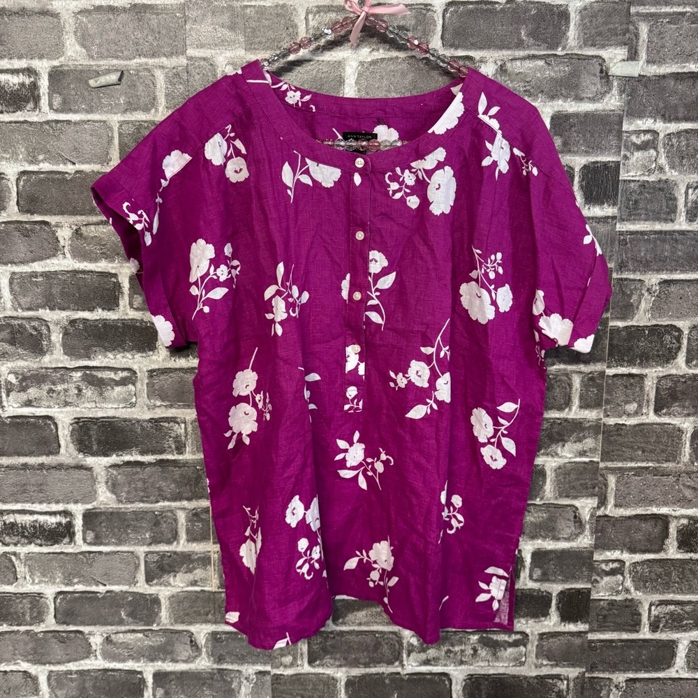 Ann Taylor popover blouse shirt top Fuchsia purple white floral 100% linen